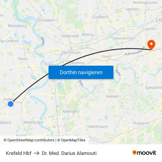 Krefeld Hbf to Dr. Med. Darius Alamouti map