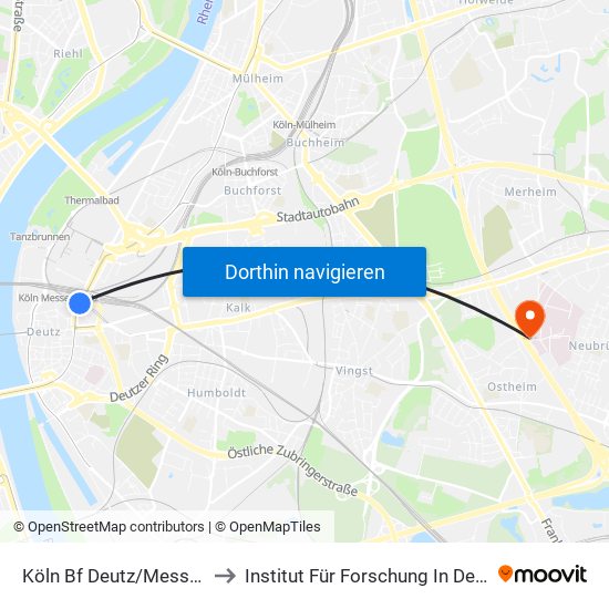 Köln Bf Deutz/Messe Lanxess Arena to Institut Für Forschung In Der Operativen Medizin map
