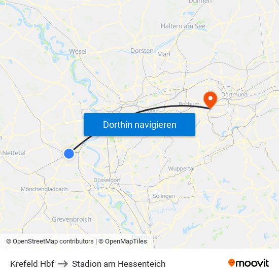 Krefeld Hbf to Stadion am Hessenteich map