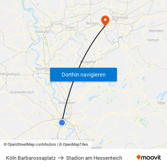 Köln Barbarossaplatz to Stadion am Hessenteich map