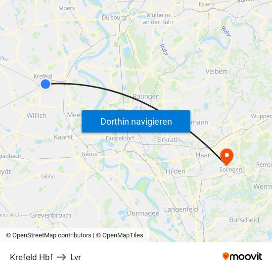 Krefeld Hbf to Lvr map