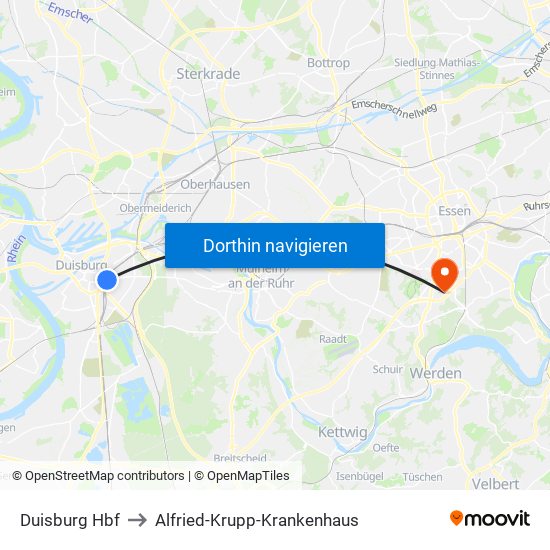 Duisburg Hbf to Alfried-Krupp-Krankenhaus map