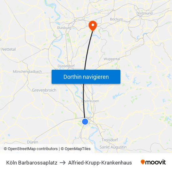 Köln Barbarossaplatz to Alfried-Krupp-Krankenhaus map