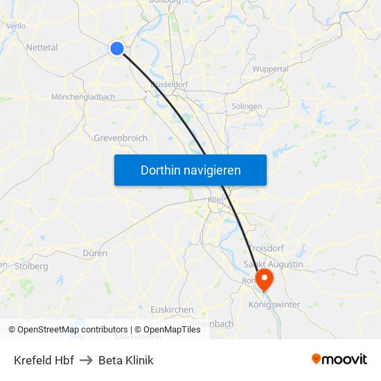 Krefeld Hbf to Beta Klinik map