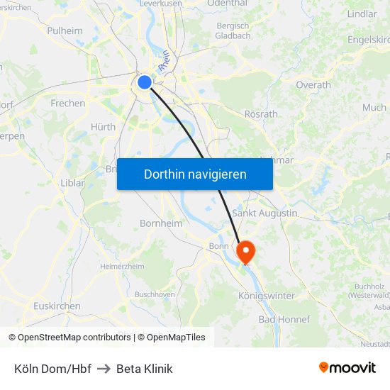Köln Dom/Hbf to Beta Klinik map