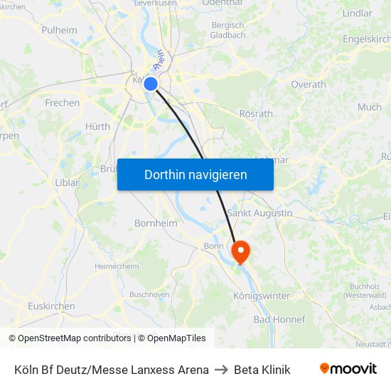 Köln Bf Deutz/Messe Lanxess Arena to Beta Klinik map
