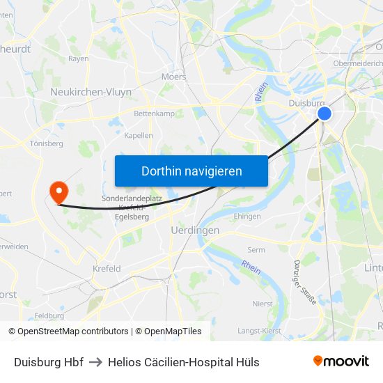 Duisburg Hbf to Helios Cäcilien-Hospital Hüls map