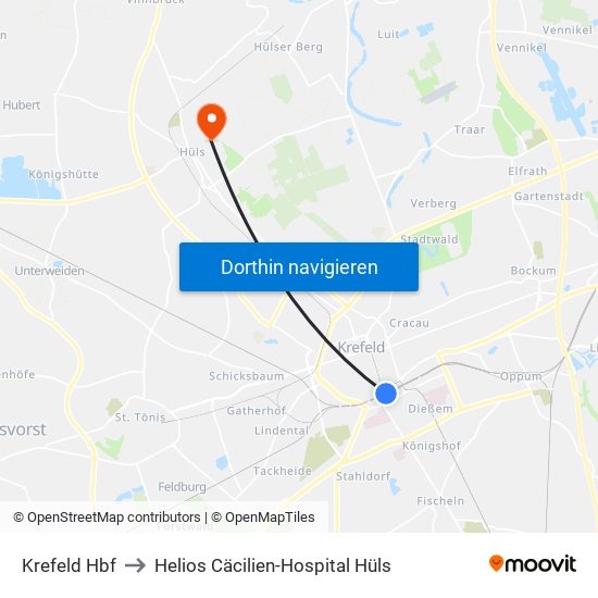 Krefeld Hbf to Helios Cäcilien-Hospital Hüls map