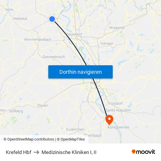 Krefeld Hbf to Medizinische Kliniken I, II map