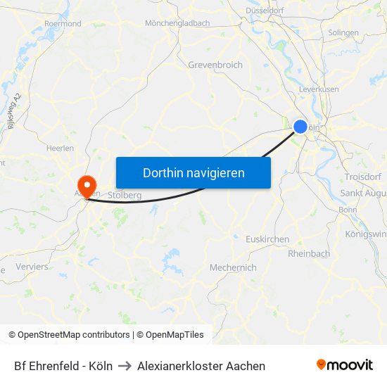 Bf Ehrenfeld - Köln to Alexianerkloster Aachen map