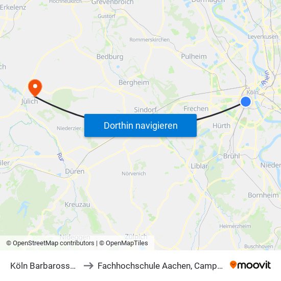 Köln Barbarossaplatz to Fachhochschule Aachen, Campus Jülich map