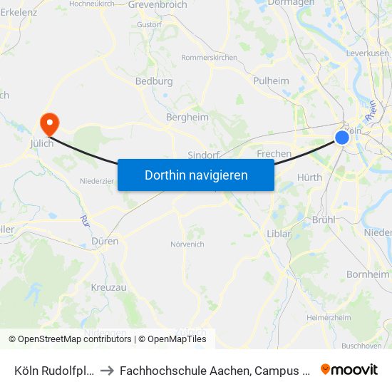 Köln Rudolfplatz to Fachhochschule Aachen, Campus Jülich map