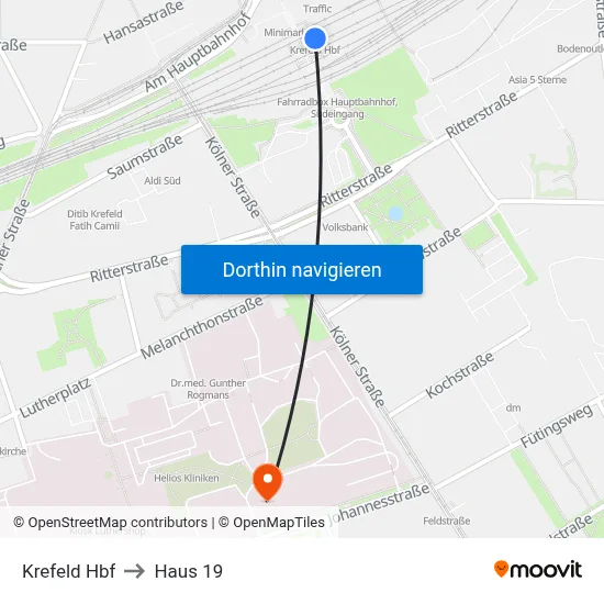 Krefeld Hbf to Haus 19 map