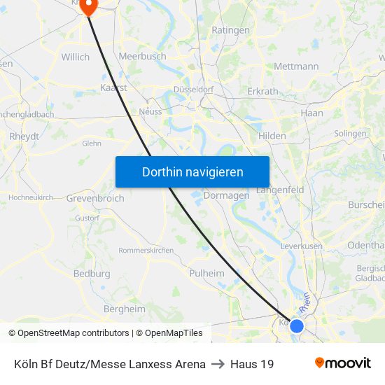 Köln Bf Deutz/Messe Lanxess Arena to Haus 19 map