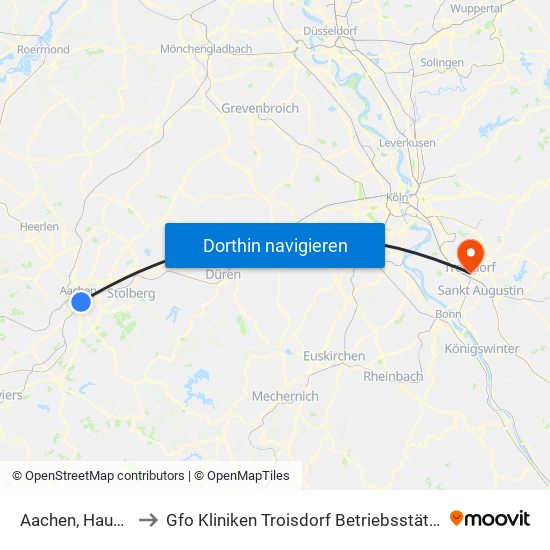 Aachen, Hauptbahnhof to Gfo Kliniken Troisdorf Betriebsstätte St. Josef Troisdorf map