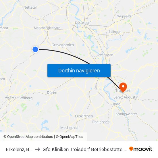 Erkelenz, Bahnhof to Gfo Kliniken Troisdorf Betriebsstätte St. Josef Troisdorf map