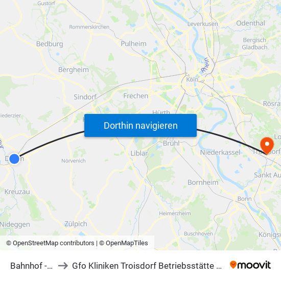 Bahnhof - Düren to Gfo Kliniken Troisdorf Betriebsstätte St. Josef Troisdorf map