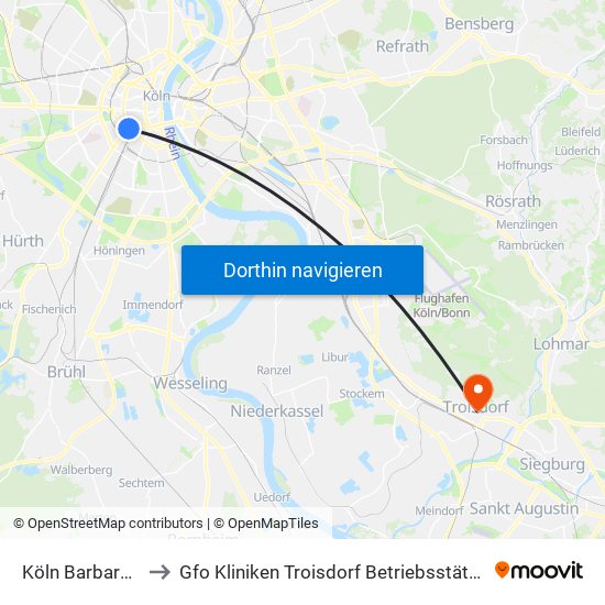 Köln Barbarossaplatz to Gfo Kliniken Troisdorf Betriebsstätte St. Josef Troisdorf map