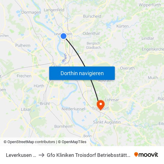 Leverkusen Mitte Bf to Gfo Kliniken Troisdorf Betriebsstätte St. Josef Troisdorf map