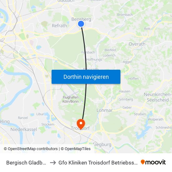 Bergisch Gladbach Bensberg to Gfo Kliniken Troisdorf Betriebsstätte St. Josef Troisdorf map