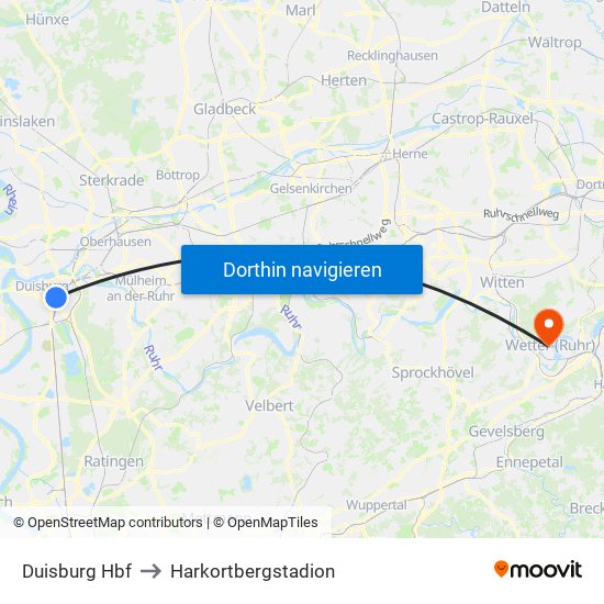 Duisburg Hbf to Harkortbergstadion map