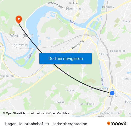 Hagen Hauptbahnhof to Harkortbergstadion map