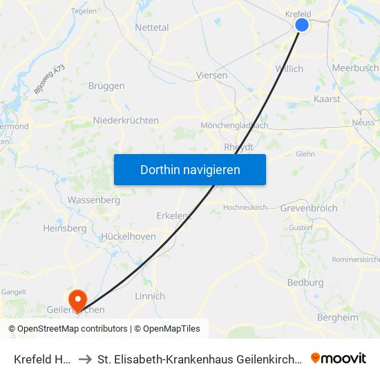 Krefeld Hbf to St. Elisabeth-Krankenhaus Geilenkirchen map