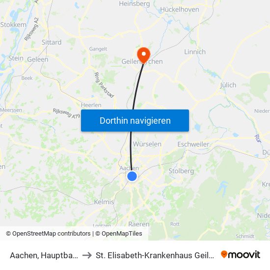Aachen, Hauptbahnhof to St. Elisabeth-Krankenhaus Geilenkirchen map