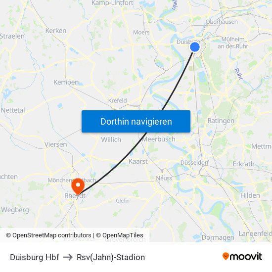 Duisburg Hbf to Rsv(Jahn)-Stadion map