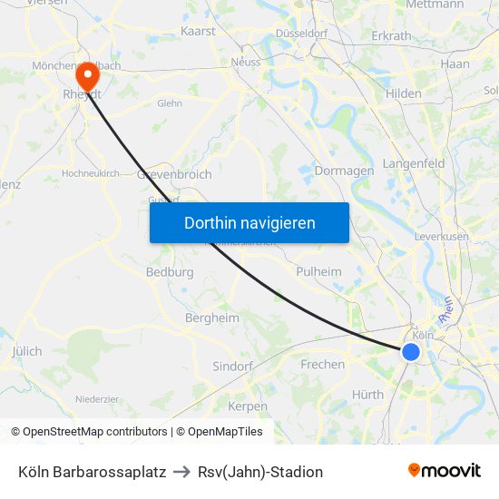 Köln Barbarossaplatz to Rsv(Jahn)-Stadion map