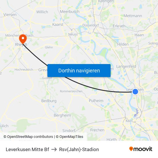 Leverkusen Mitte Bf to Rsv(Jahn)-Stadion map