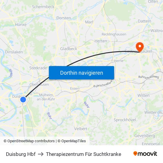 Duisburg Hbf to Therapiezentrum Für Suchtkranke map