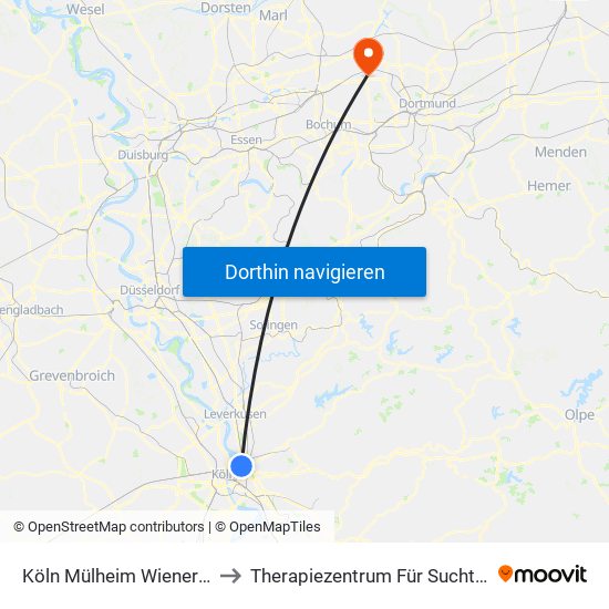 Köln Mülheim Wiener Platz to Therapiezentrum Für Suchtkranke map