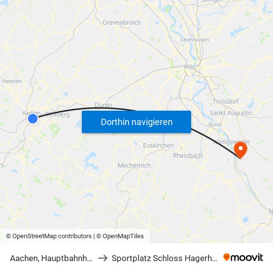 Aachen, Hauptbahnhof to Sportplatz Schloss Hagerhof map