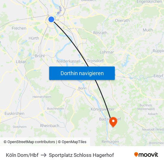 Köln Dom/Hbf to Sportplatz Schloss Hagerhof map