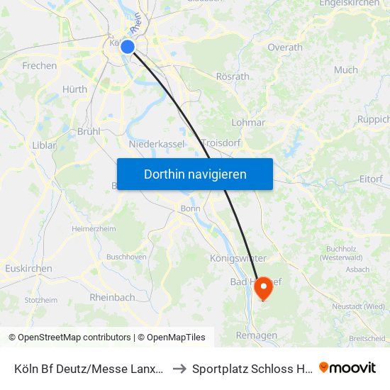 Köln Bf Deutz/Messe Lanxess Arena to Sportplatz Schloss Hagerhof map