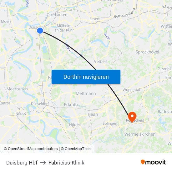 Duisburg Hbf to Fabricius-Klinik map