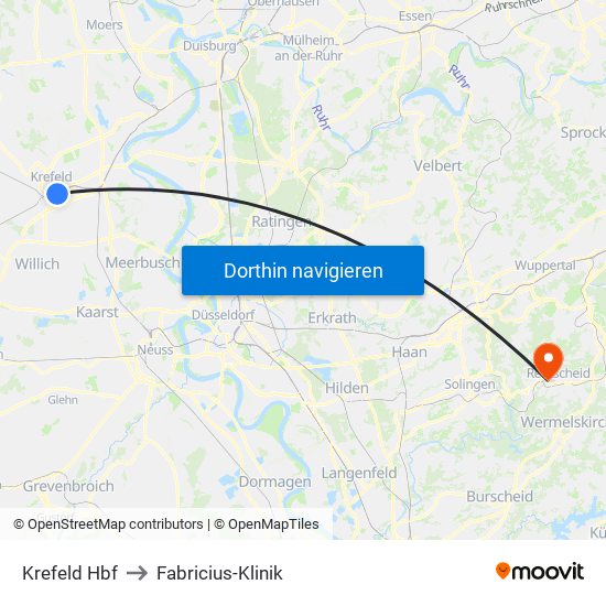 Krefeld Hbf to Fabricius-Klinik map