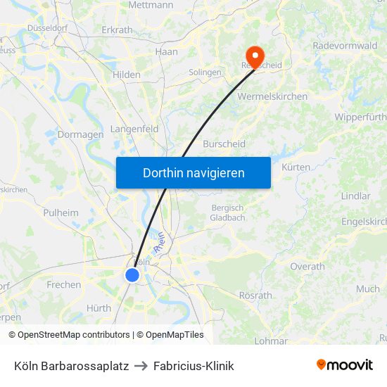 Köln Barbarossaplatz to Fabricius-Klinik map