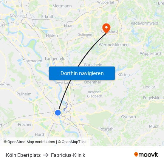 Köln Ebertplatz to Fabricius-Klinik map