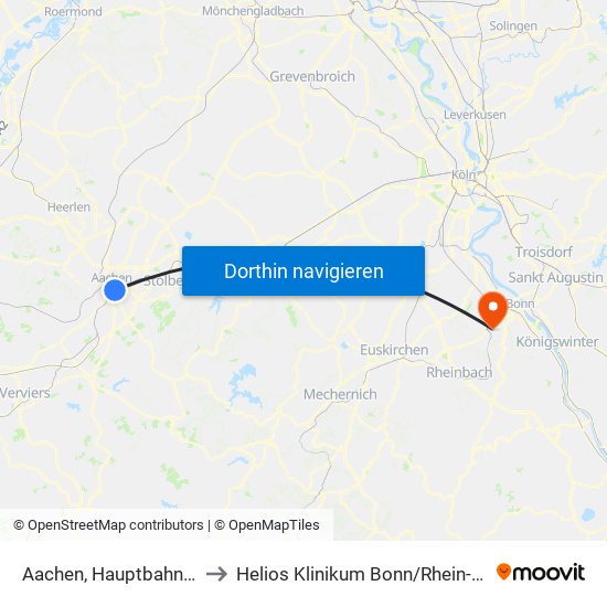 Aachen, Hauptbahnhof to Helios Klinikum Bonn / Rhein-Sieg map