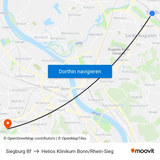 Siegburg Bf to Helios Klinikum Bonn / Rhein-Sieg map