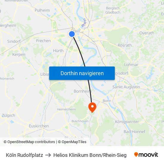 Köln Rudolfplatz to Helios Klinikum Bonn / Rhein-Sieg map