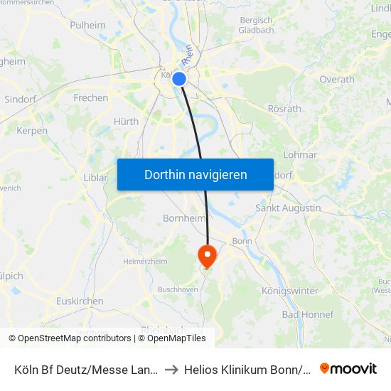 Köln Bf Deutz/Messe Lanxess Arena to Helios Klinikum Bonn / Rhein-Sieg map