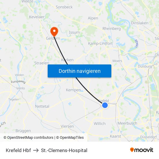 Krefeld Hbf to St.-Clemens-Hospital map