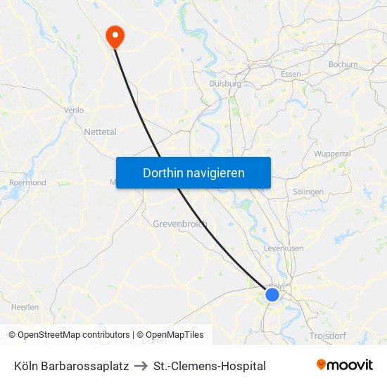 Köln Barbarossaplatz to St.-Clemens-Hospital map