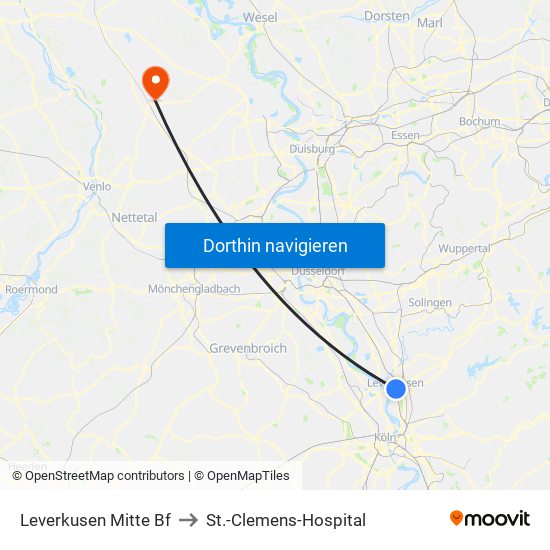 Leverkusen Mitte Bf to St.-Clemens-Hospital map