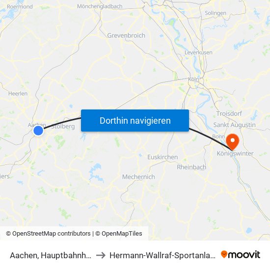 Aachen, Hauptbahnhof to Hermann-Wallraf-Sportanlage map