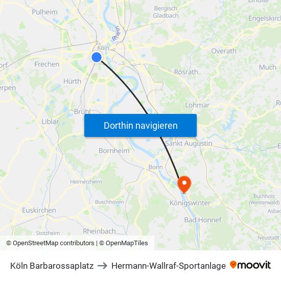 Köln Barbarossaplatz to Hermann-Wallraf-Sportanlage map