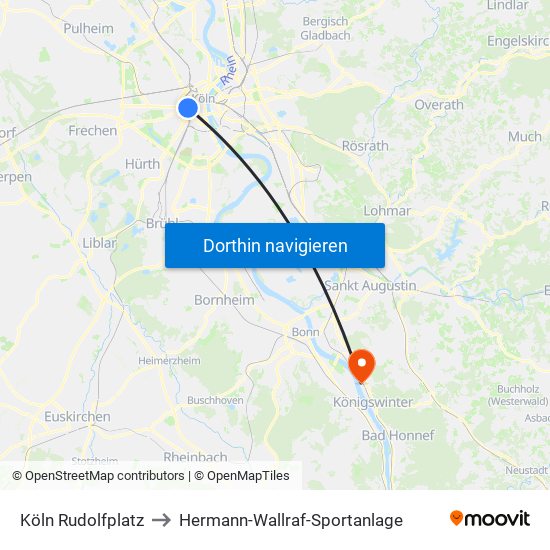 Köln Rudolfplatz to Hermann-Wallraf-Sportanlage map